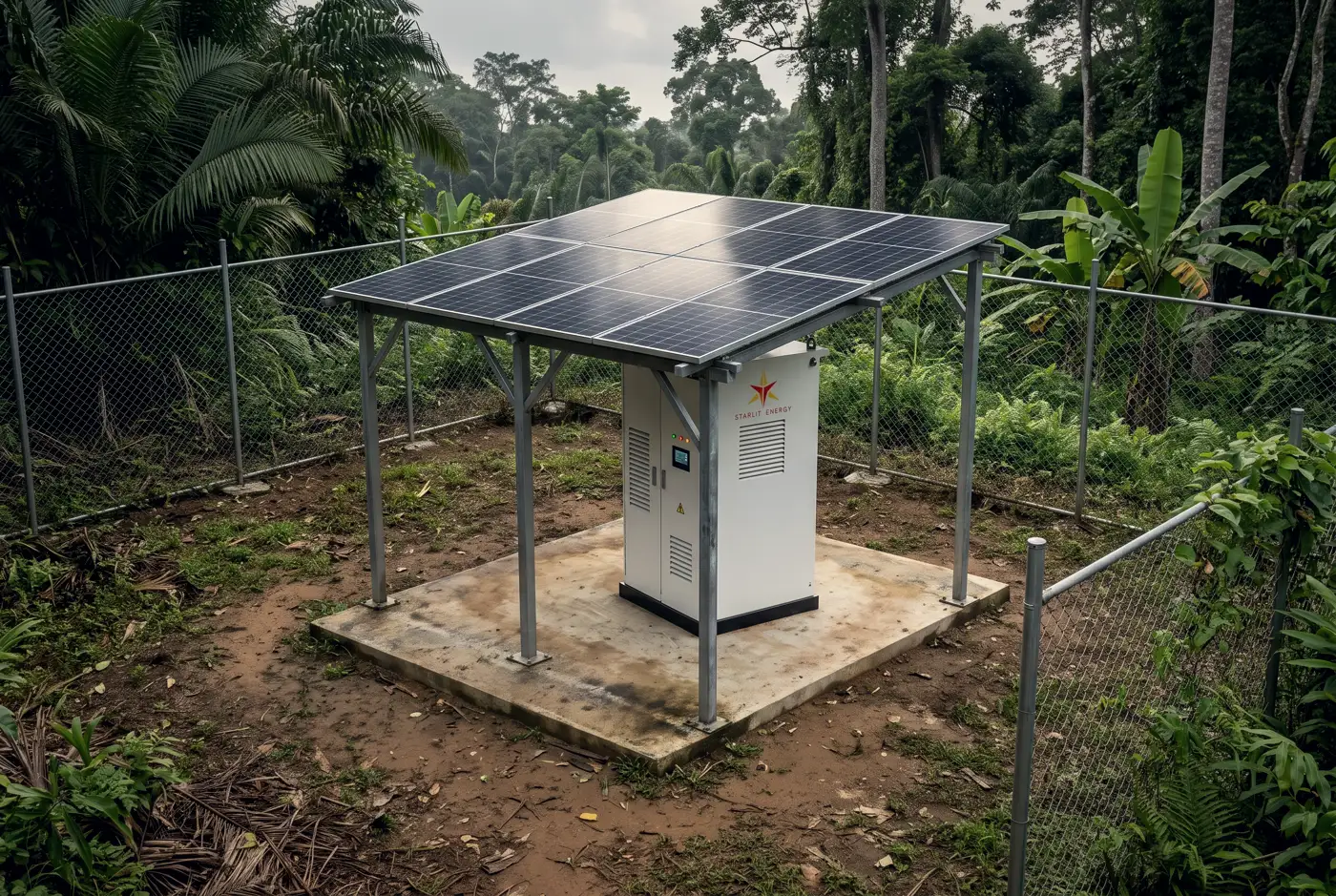 Solar canopy and battery cabinet at a fenced jungle site