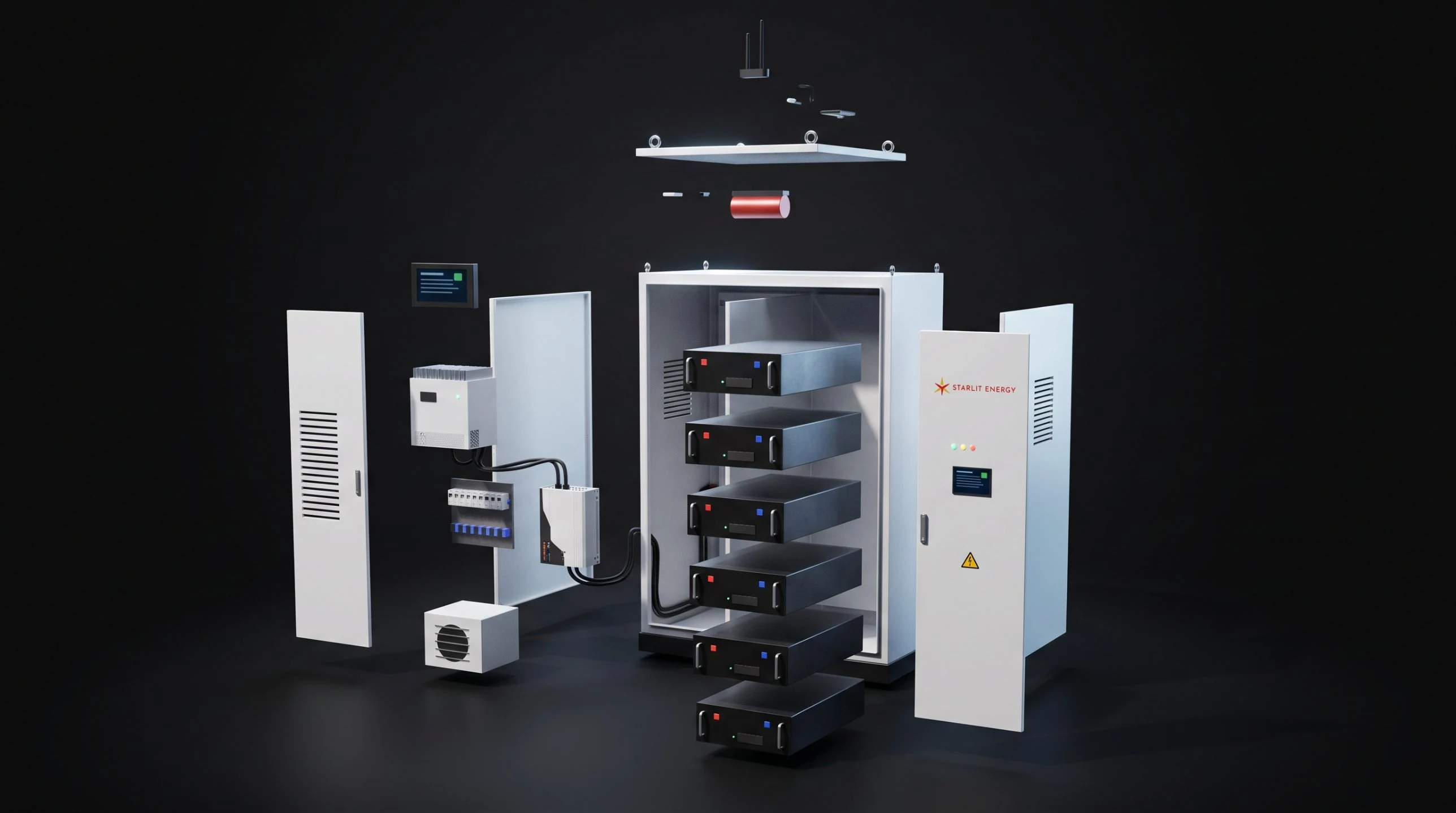 Nebula cabinet, exploded view: battery packs, controller, cooling and screen