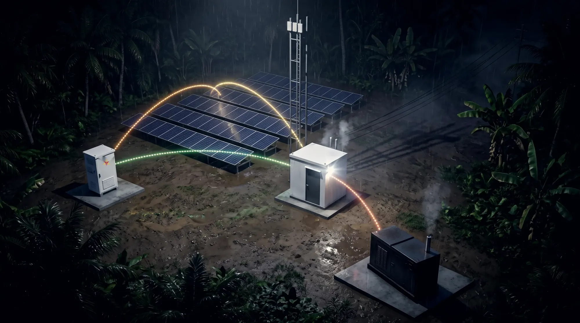 Remote site with solar, battery, grid line and generator at night