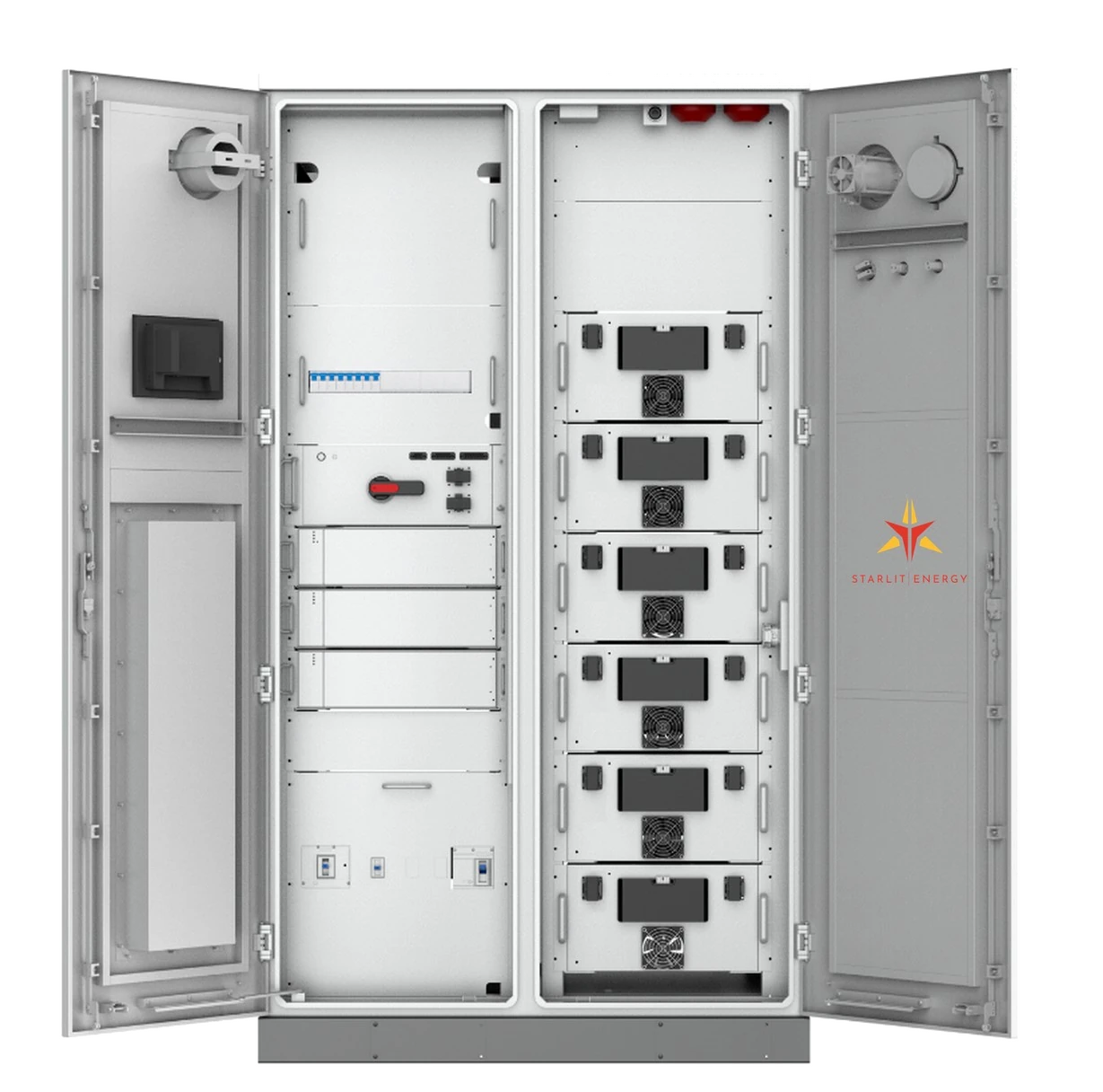 Inside the Nebula cabinet: six battery packs on the right, charging, protection and control on the left