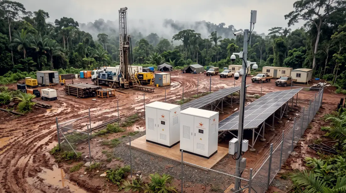 Two Nebula cabinets and solar array at a jungle drilling camp