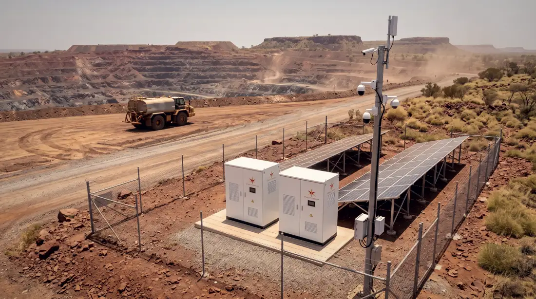 Two Nebula cabinets and solar array beside an open-cut mine