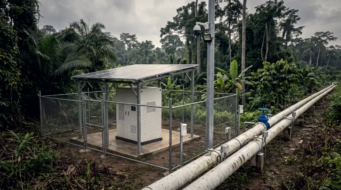 Nebula cabinet under a solar canopy beside a jungle pipeline with a security camera