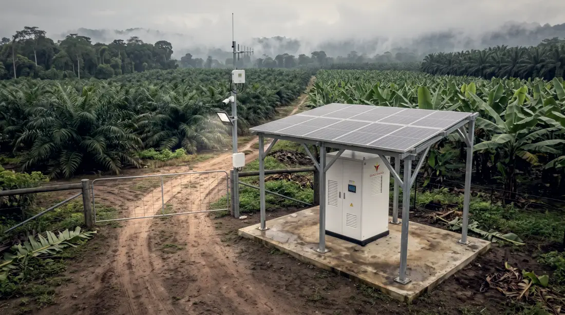 Nebula cabinet under a solar canopy beside a plantation gate