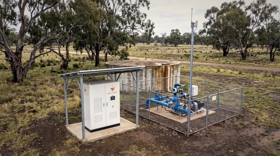 Nebula cabinet under a solar canopy beside a fenced water pump station