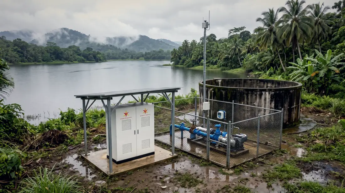 Nebula cabinet beside a reservoir pump and concrete tank
