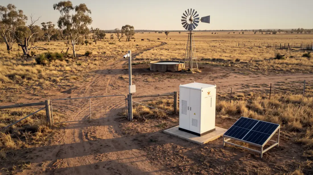 Nebula cabinet beside a station gate with a windmill and water tank